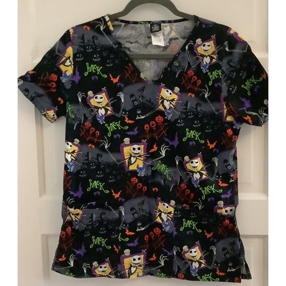 Cherokee Jack Skellington Scrub Top Nightmare Before Christmas V-Neck Black XL